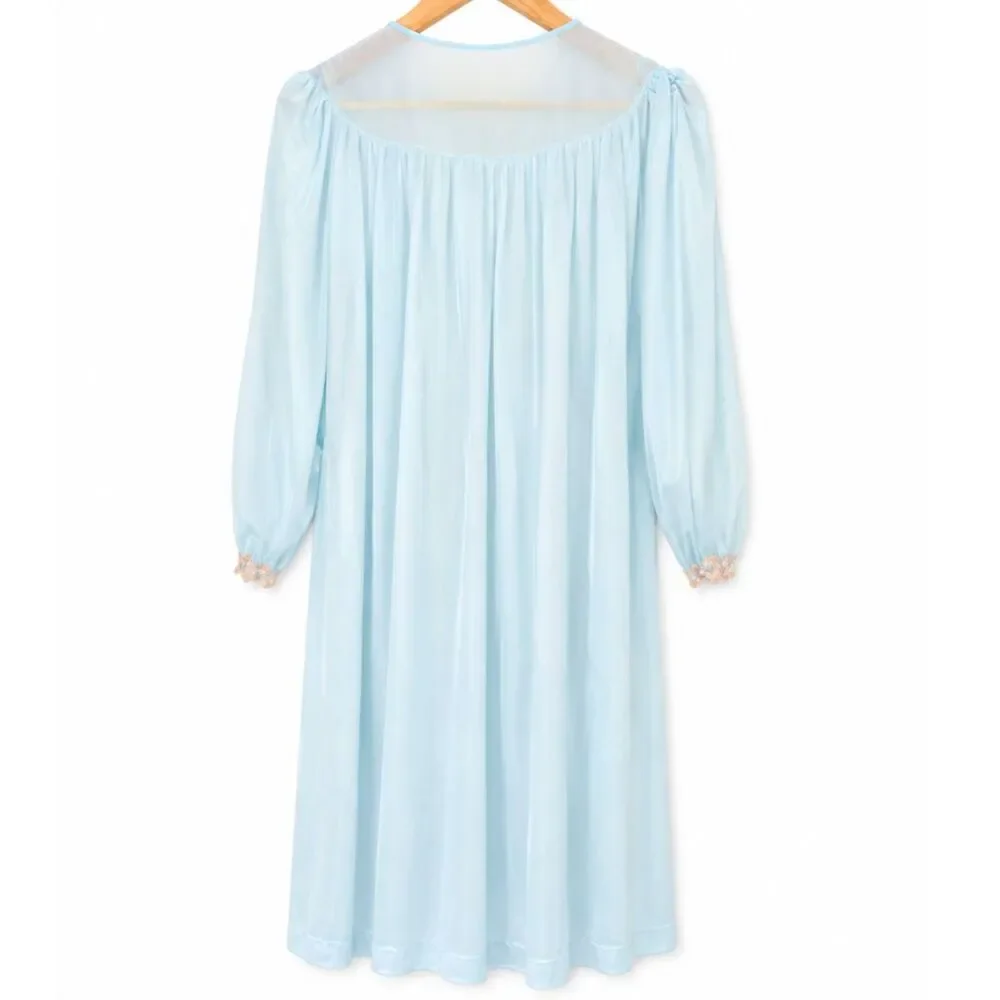 Vintage Pinehurst Blue Peignoir Set w/ Embroidered Lace Trim Med Robe Nightgown